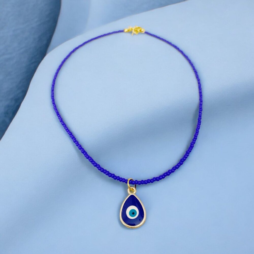 HANDMADE Blue Evil Eye Enamel Seed Bead Charm Choker Pendant Necklace